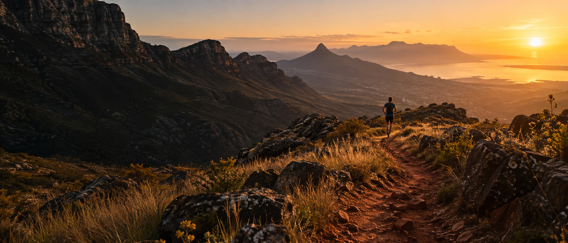 Runner following a mountain trail at sunrise