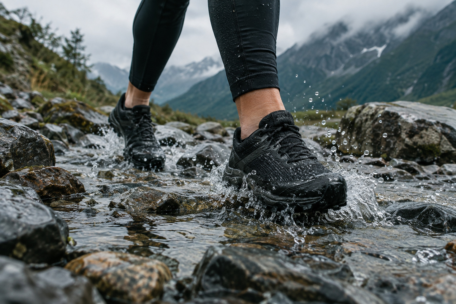 Trail runner crossing wet rocks