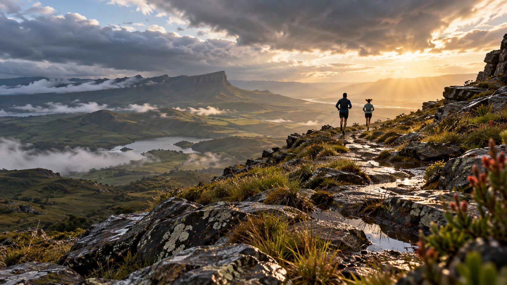 Runners on a highland trail after rain
